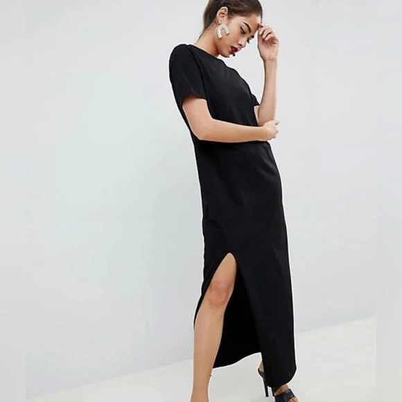 asos black t shirt dress Elegant Women's Black Mini Dress with Lace-Up Detail